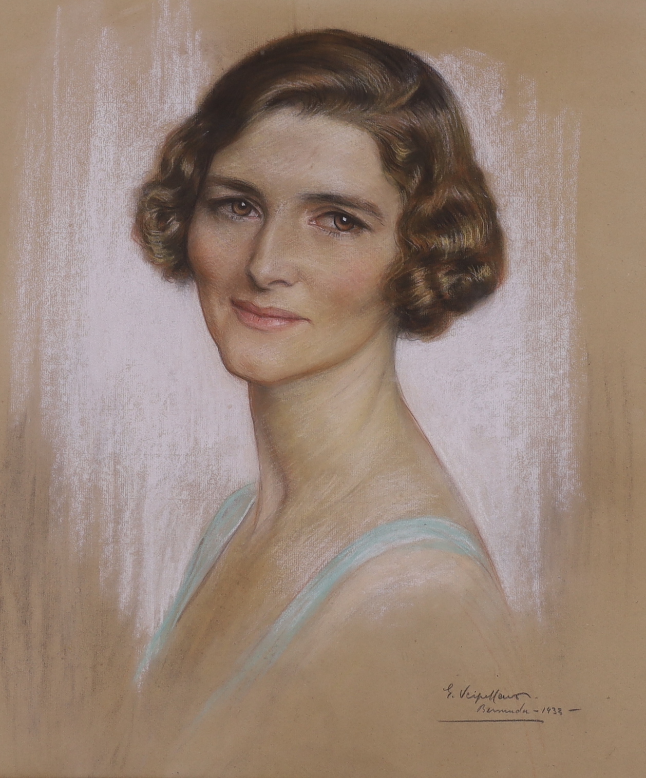 Émile Antoine Verpilleux M.B.E. (1888-1964), set of four heightened pastels, Family portraits including a gentleman wearing military dress, signed and inscribed Bermuda 1933, largest 52 x 43cm